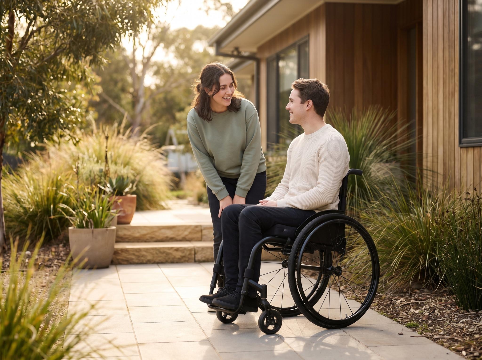 A Myxa support worker chatting with a young NDIS participant in a wheelchair on the sunlit pathway of a modern Australian home