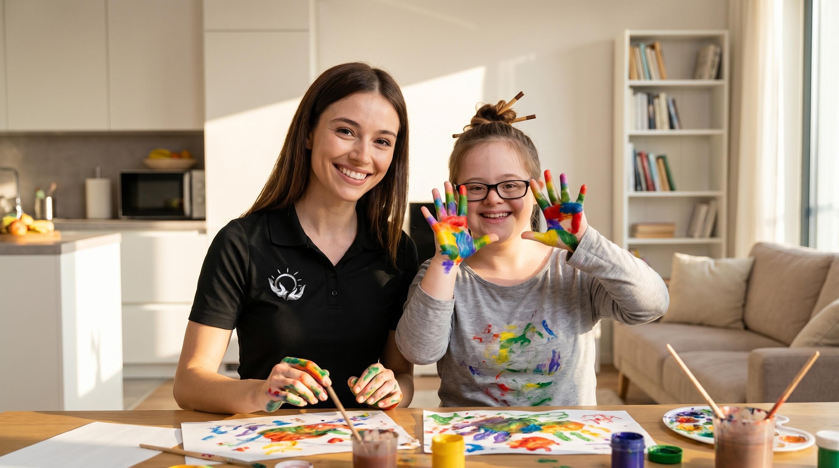 Support worker engaging warmly with a young participant during a creative activity