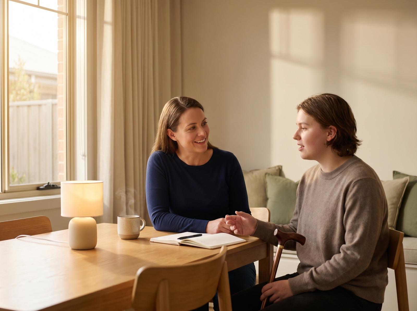 A Myxa support worker and a young NDIS participant having a calm conversation at a sunlit dining table in a modern Australian home, with a warm table lamp glowing on the table