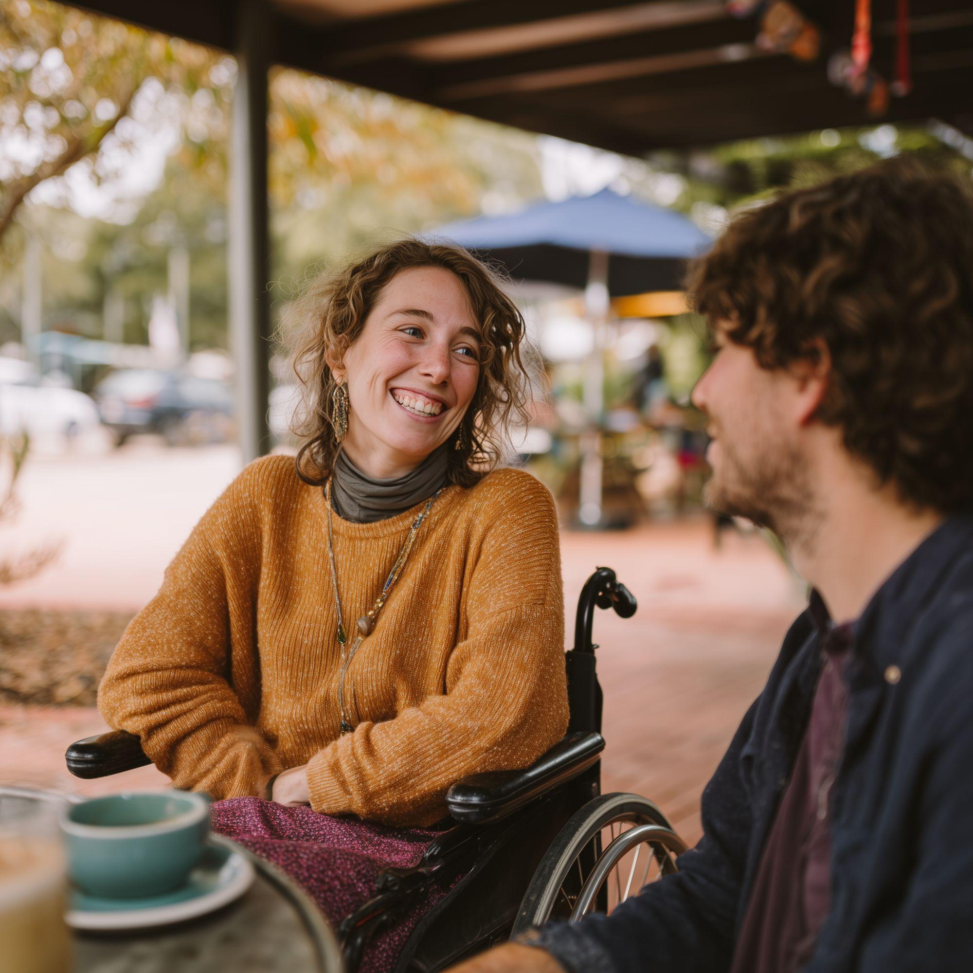 Two people having a friendly conversation outdoors